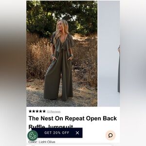 Three Bird Nest Light Olive Ruffle Open-Back Jumpsuit